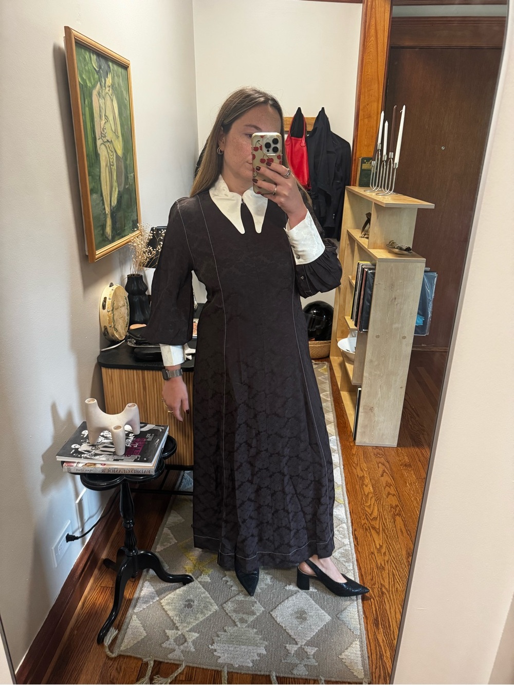 Ganni Black Maxi Dress with White Contrast Collar